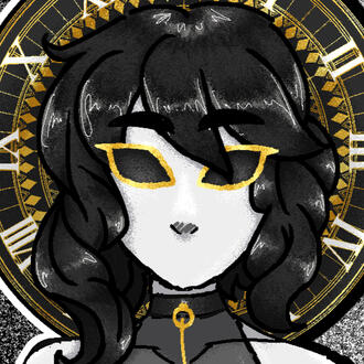 Digital drawing of a white face with completely black eyes outline in gold and no mouth. They have short, somewhat curly black hair and bangs. Behind them is a golden clock dial with white roman numerals.